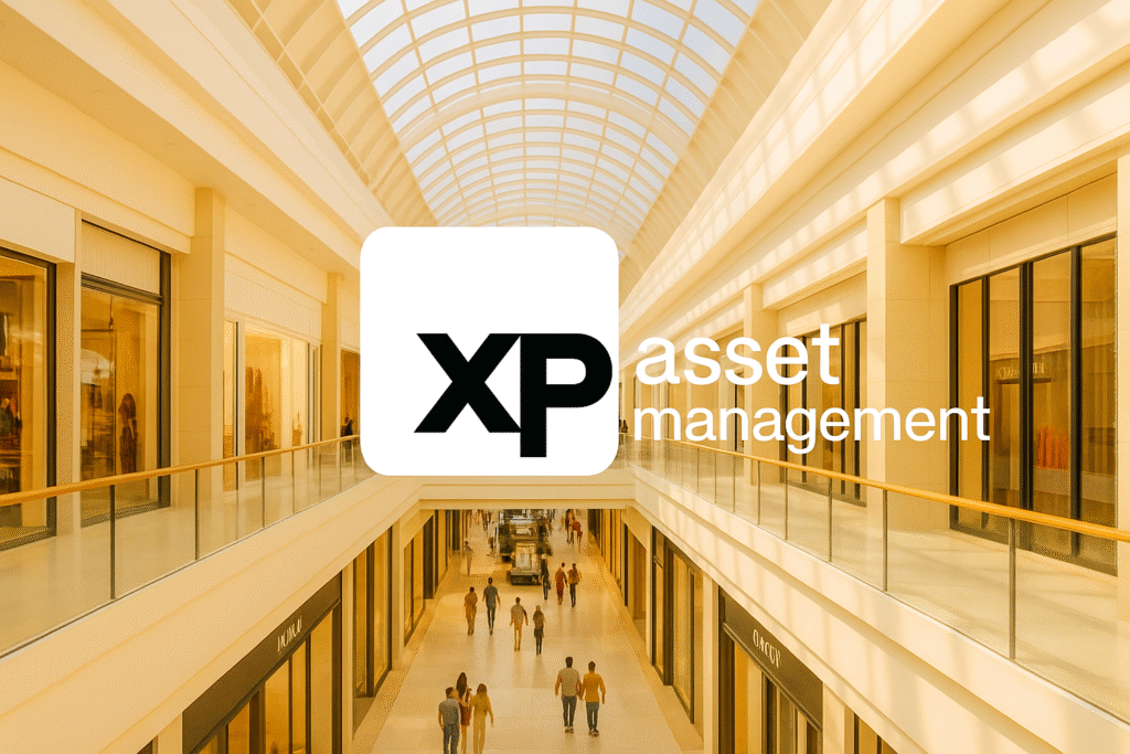 Interior de um shopping moderno com o logotipo da XP Asset Management, representando o portfólio imobiliário do XPML11.